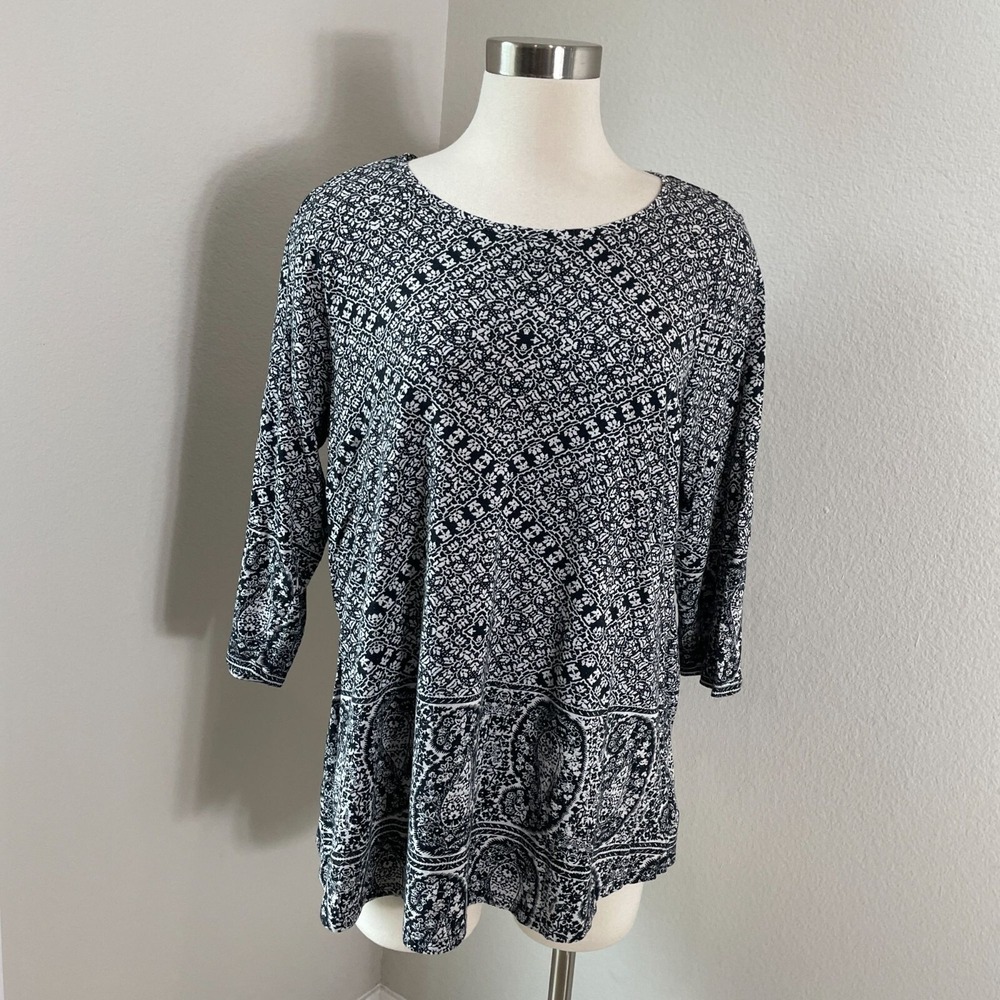 Lucky Brand Womens Plus 1X‎ Black White 3/4 Sleeve Top Shirt Boho